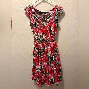 Unique Vintage 1950s White & Pink Florals Sleeveless Olive Swing Dress